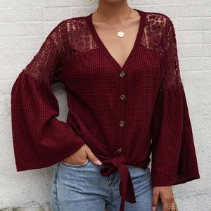 Red Wine Lace-Panel Bell-Sleeve Button-Up Top